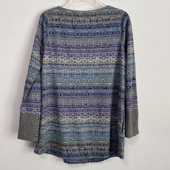 J Jill Fair Isle Long Sleeve Tunic Top XS Pockets Thermal Waffle Knit Blue Gray - Picture 11 of 12